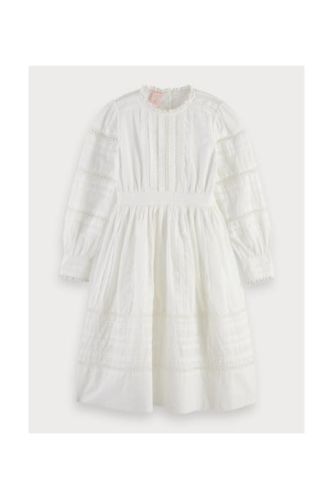 LONG SLEEVE MIDI DRESS WITH RUFFLES AND LACE TAPES OFF WHITE 1